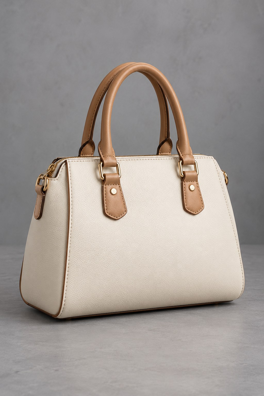Ivory handbag on grey before background removal — AI-generated demonstration