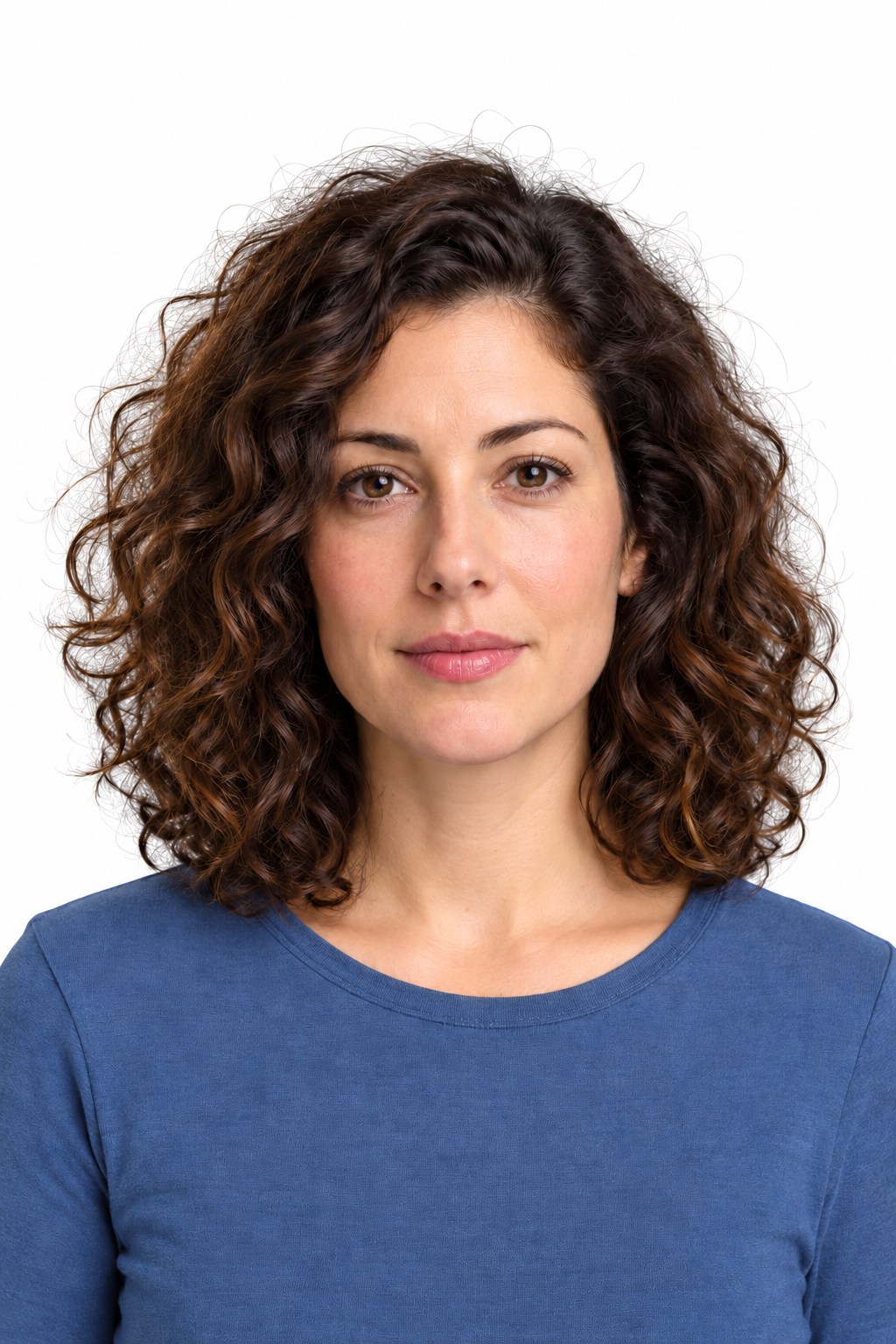 Curly-haired portrait on white after background removal — AI-generated demonstration