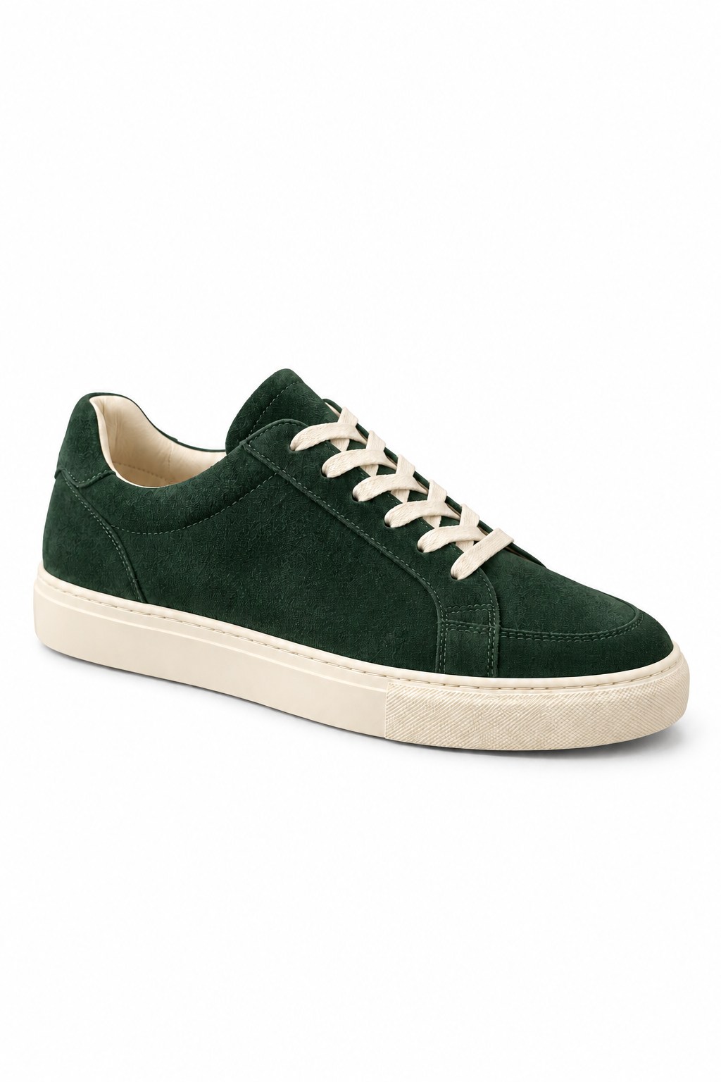 Green suede sneaker isolated on white after background removal — AI-generated demonstration